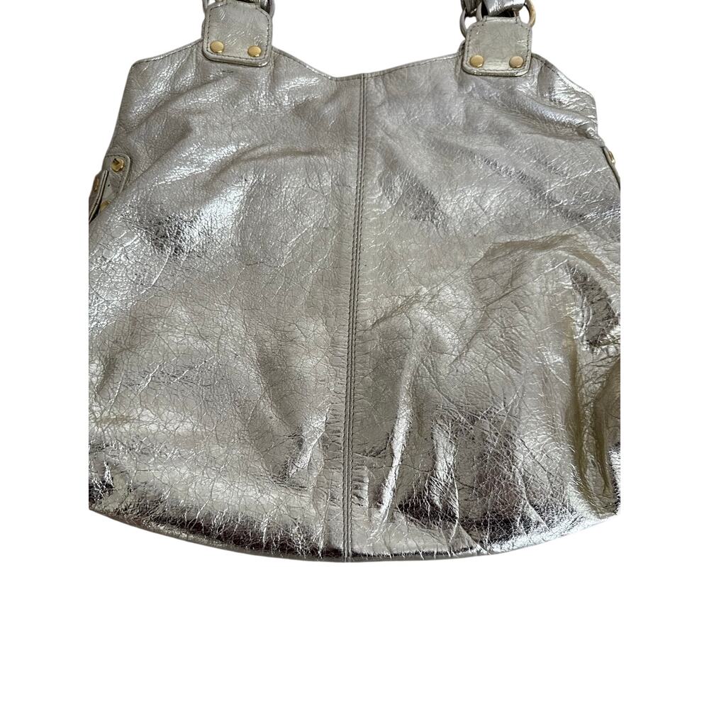 Vintage Y2K Metallic Silver Leather Hobo Shoulder Bag Gold Hardware Slouchy Tote - Picture 2 of 10